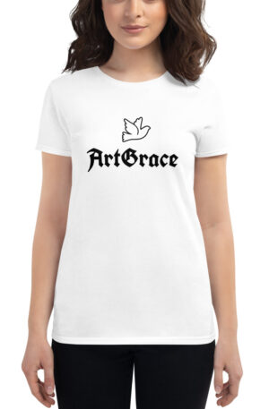 Women's short sleeve t-shirt / ArtGrace at Front + Tributes to God's Grace with White Dog at Back / Image by Mason P.